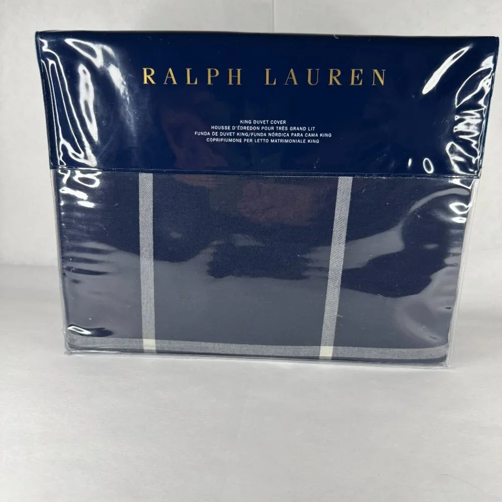 NWT Ralph Lauren Modern Equestrian Windowpane Navy/Cream King Duvet/shams set